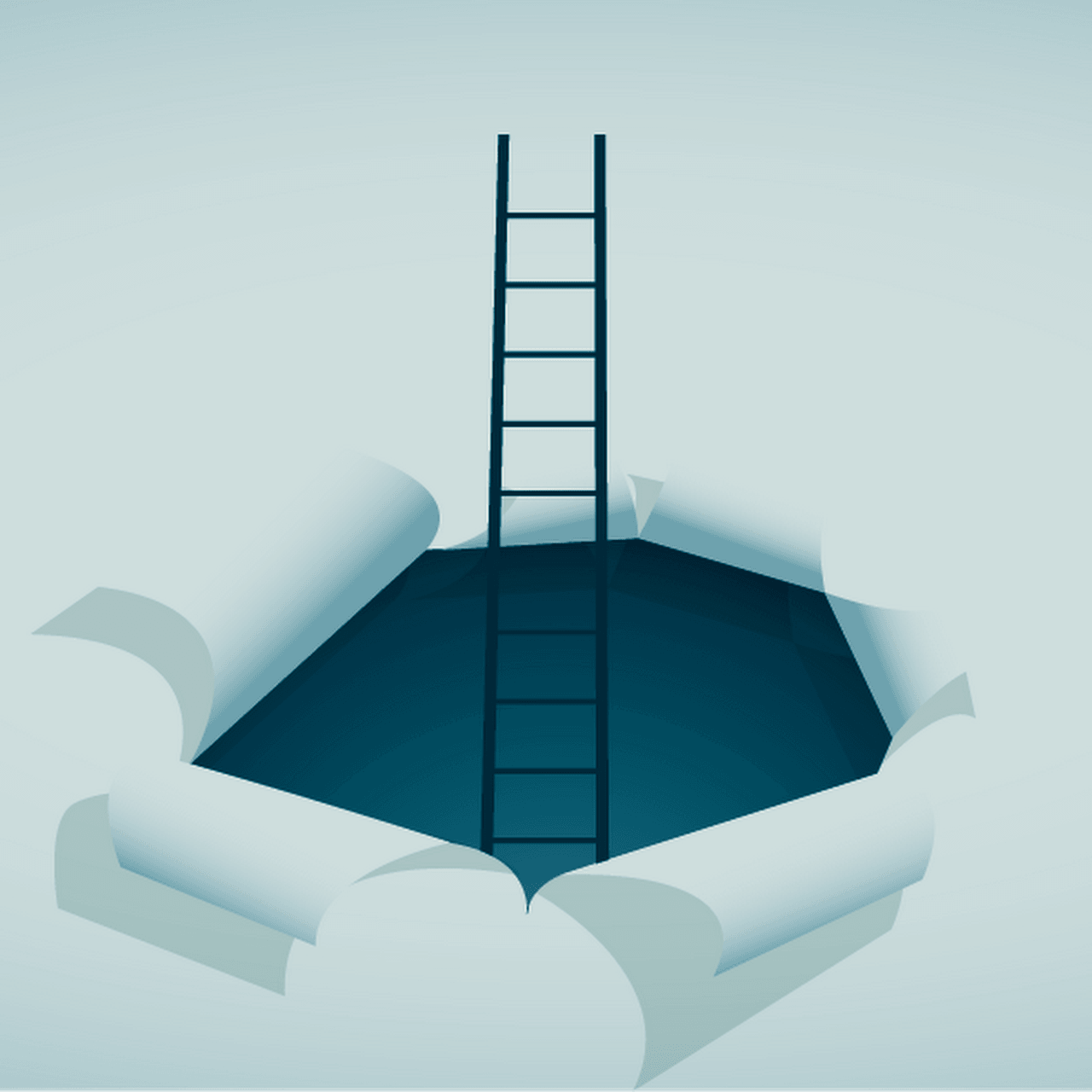 Illustration of a ladder descending into a hexagonal hole in a flat surface with curled edges.