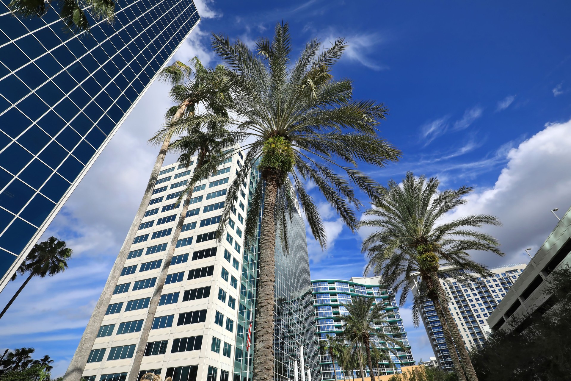 Looking up at Modern Buildings in Orlando, Florida, USA.