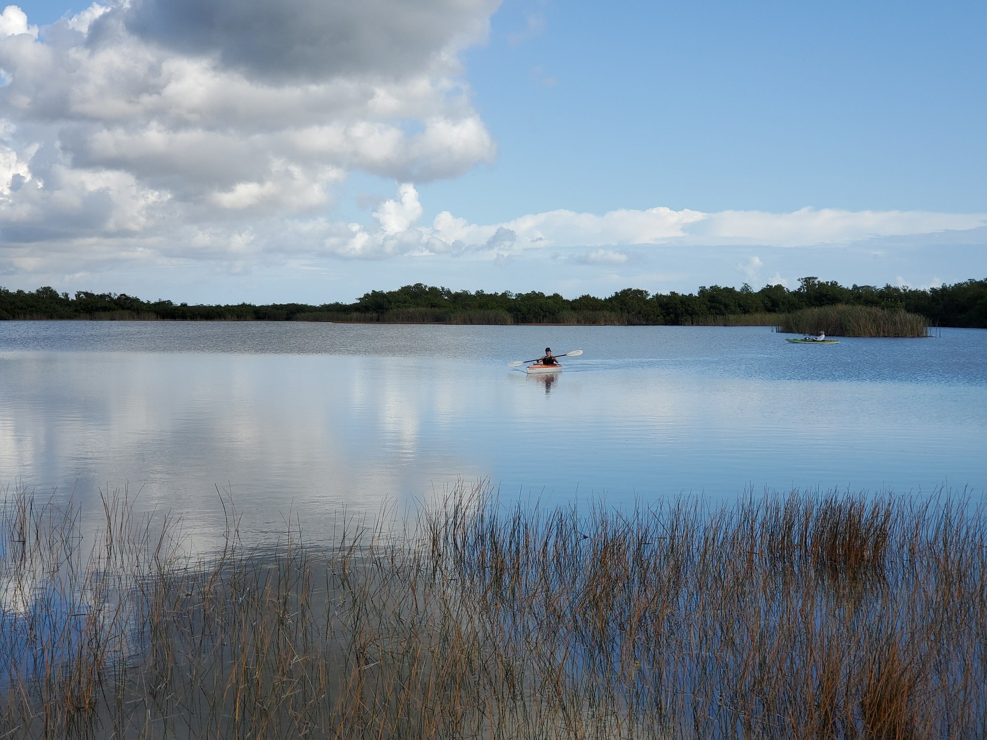 Distant kayakers on Nine Mile Pond in Everglades National Park, Florida.